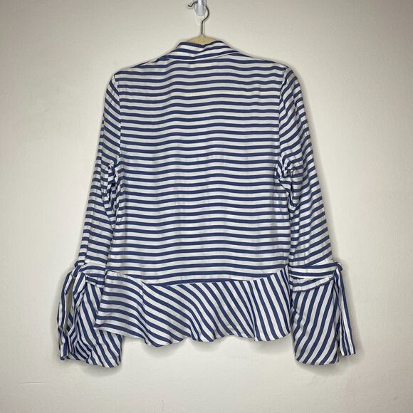 Artelier Blue and White Stripe Collar Button Down Bell Tie Sleeve Blouse XS - Picture 3 of 11
